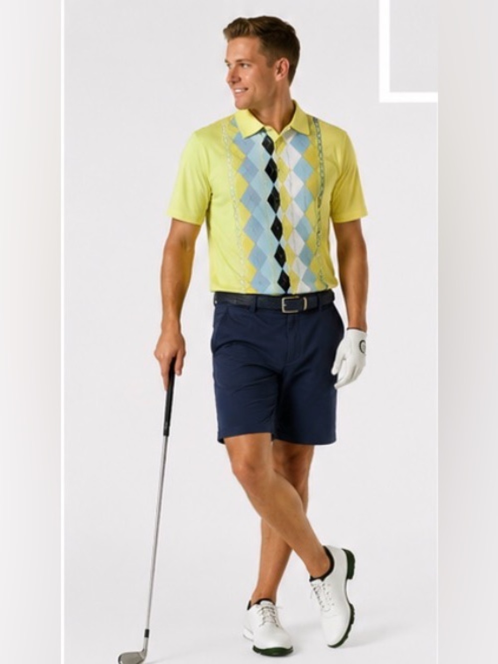 ❤️46 Royal & Awesome Yellow Argyle Golf Polo Large Geometric Retro Preppy